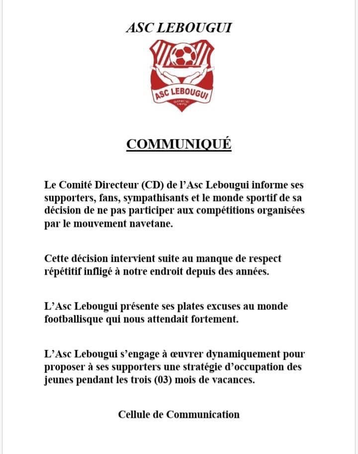 L’ASC Lebougui dans un communiqué décide de ne pas participer aux prochains navetanes.