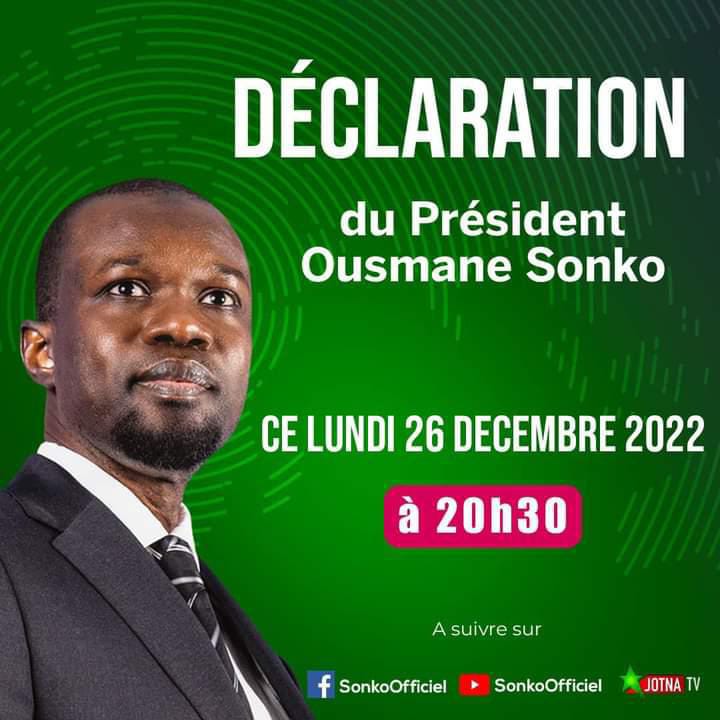 Suivez la déclaration du president Ousmane Sonko à 20h 30mn